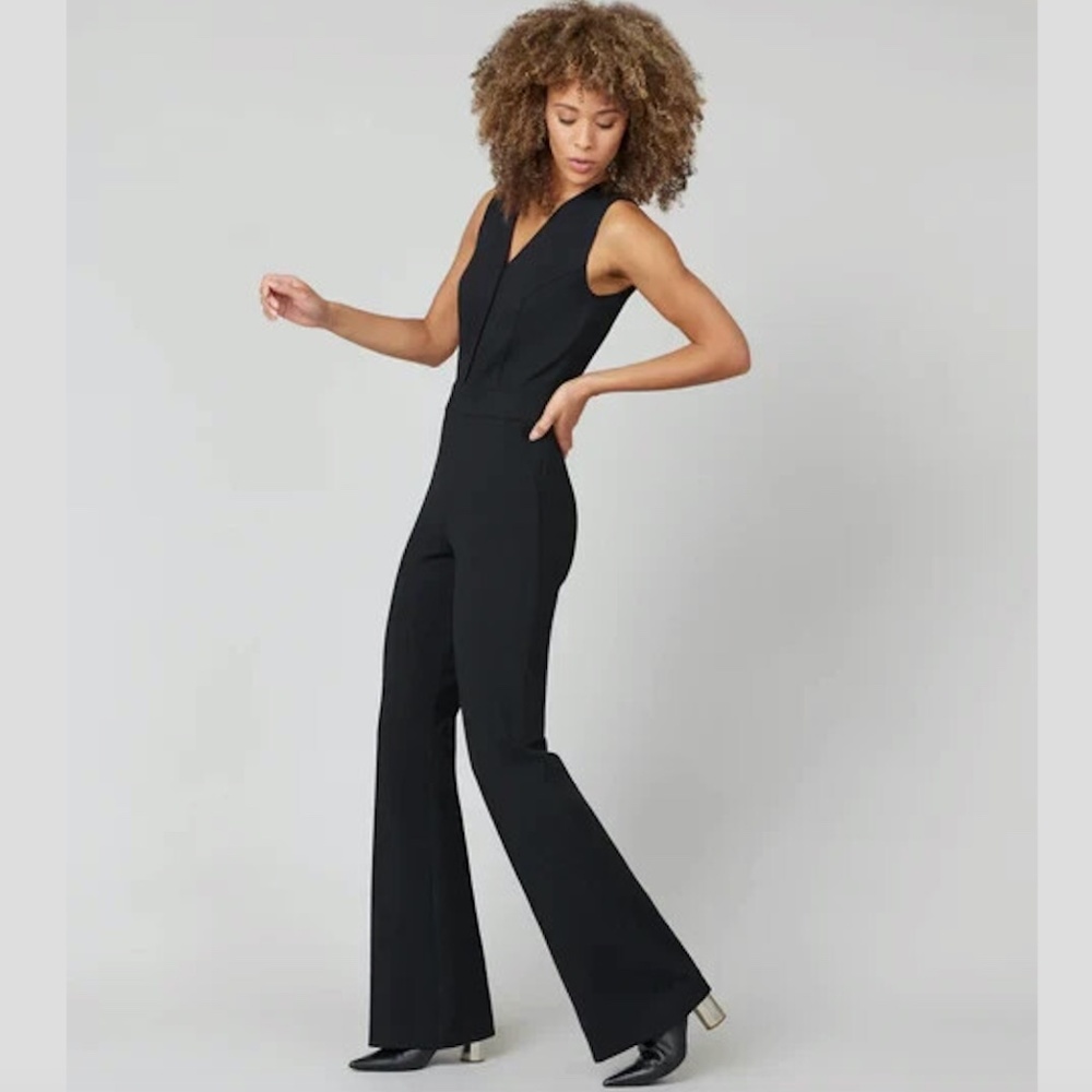 Spanx The Perfect Sleeveless flare Jumpsuit Ponte Black sz L - Picture 2 of 11